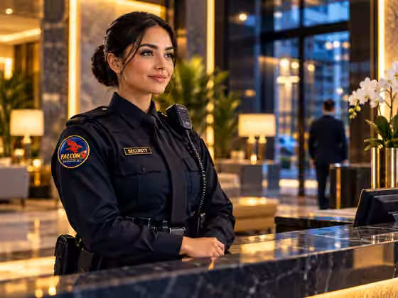 Illustrative female concierge security officer in Falcon9 uniform at a reception desk